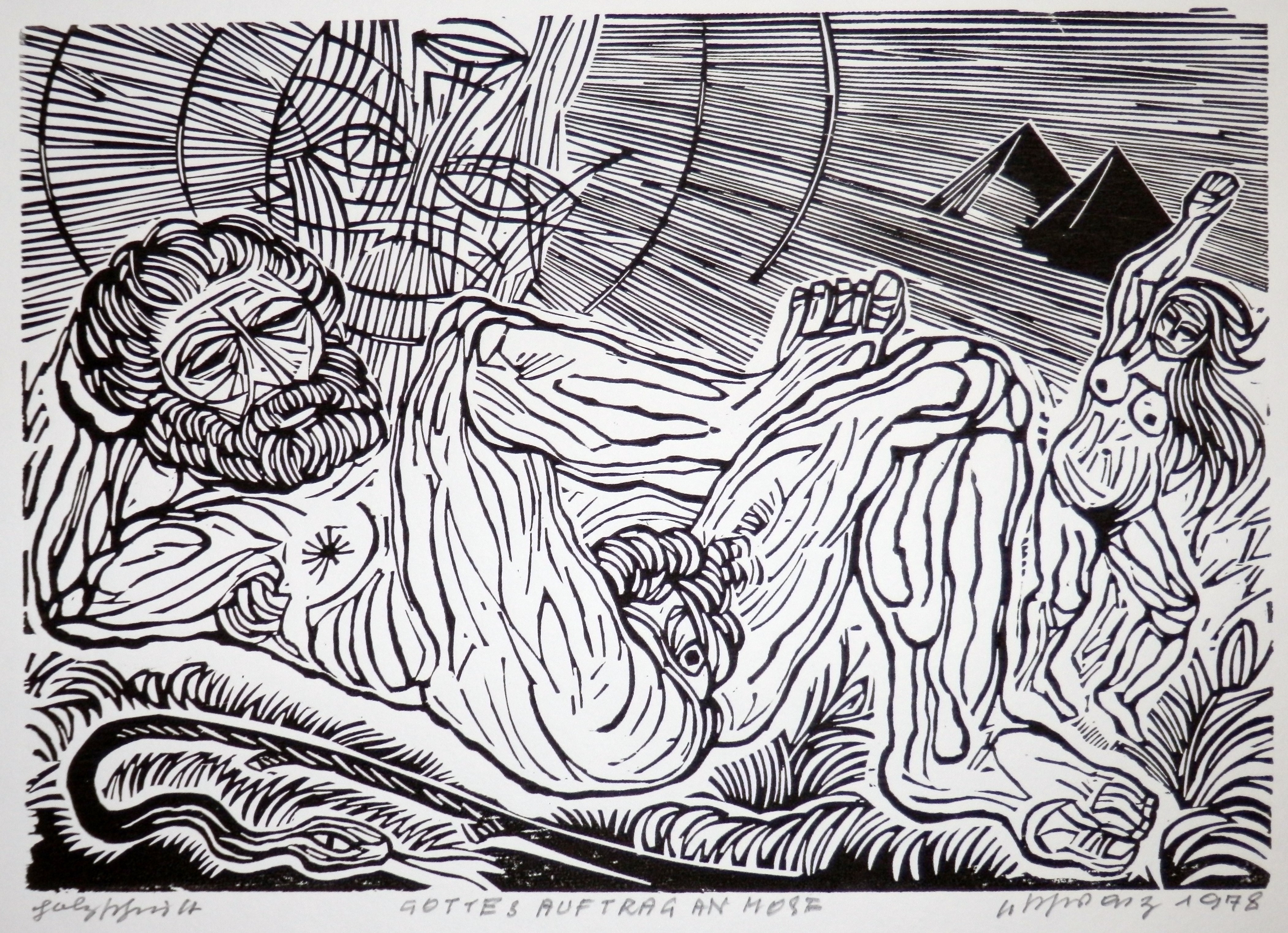 Sepp Schwarz (1917 - 2013), Gottes Auftrag an Moses, 1978, Holzschnitt